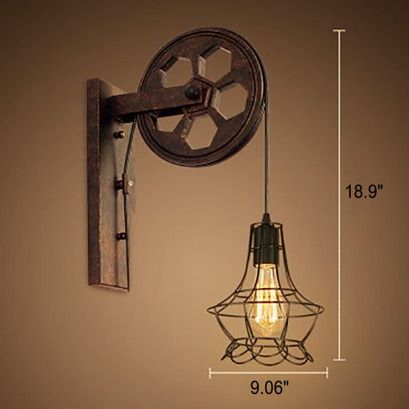 Retro Industrial Iron Wall Sconce Lamp with Single Pulley Light
