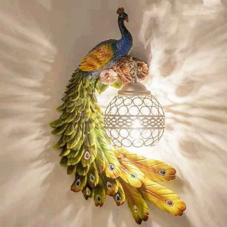Elegant Vintage Resin Peacock Wall Sconce Lamp with Crystal Ball Shade - 1-Light
