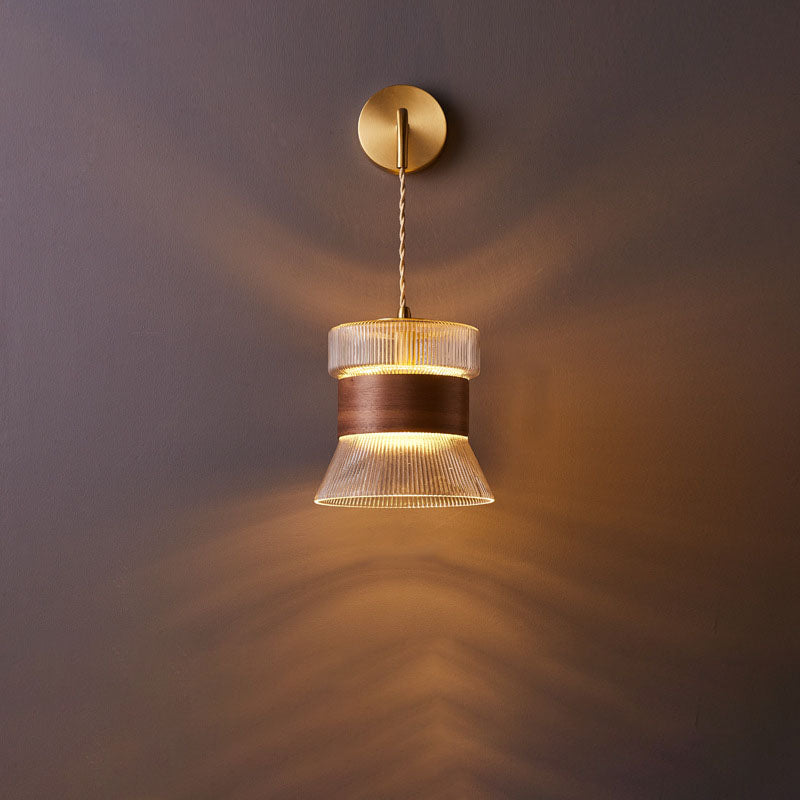 1-Light Wall Sconce Lamp with Japanese Walnut, Glass, and Copper Cylinder Design