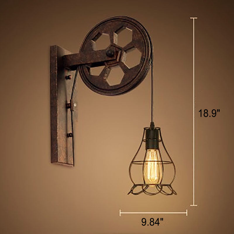 Retro Industrial Iron Wall Sconce Lamp with Single Pulley Light