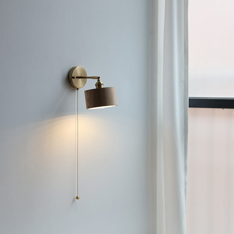 Modern Scandinavian Round Cone Dome Copper and Wood 1-Light Wall Sconce for Bedroom