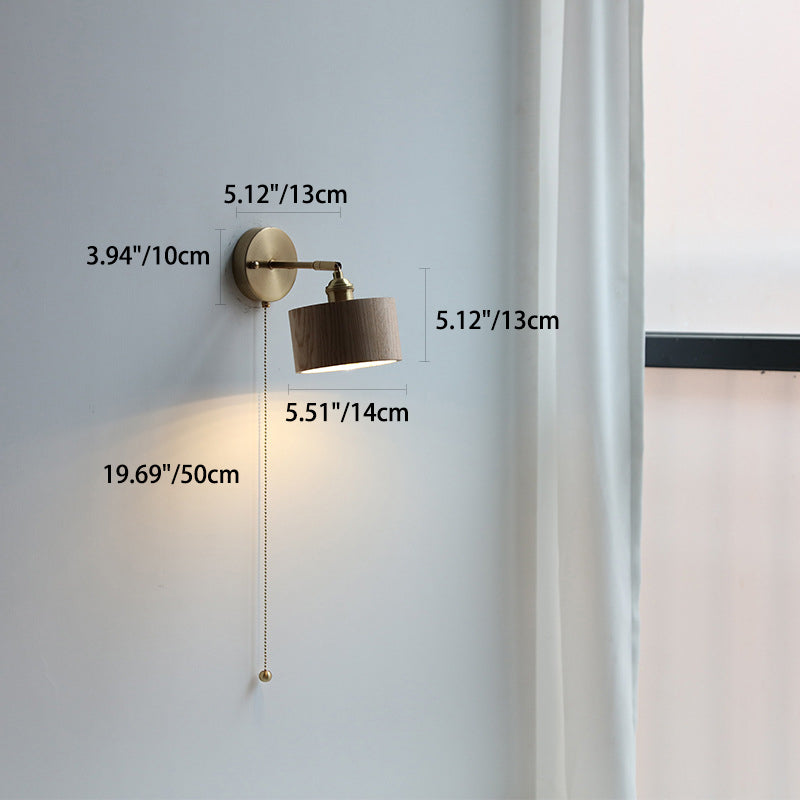 Modern Scandinavian Round Cone Dome Copper and Wood 1-Light Wall Sconce for Bedroom