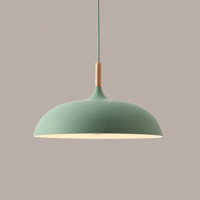 Contemporary Metal Pendant Light with Wooden Top - 1-Light Dome Design