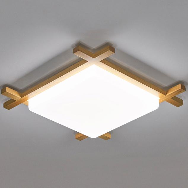 Traditional Japanese Square Tatami LED Flush Mount Ceiling Light in Wood and Acrylic for Bedrooms