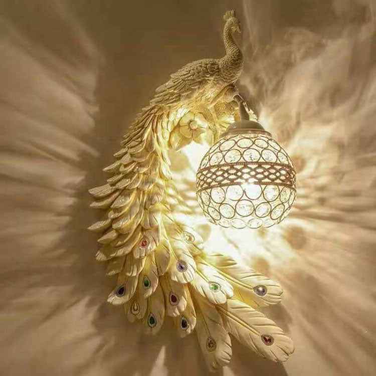 Elegant Vintage Resin Peacock Wall Sconce Lamp with Crystal Ball Shade - 1-Light