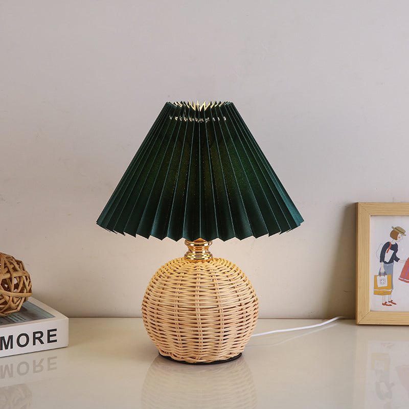 Modern Nordic Rattan Fabric Pleated Conical LED Table Lamp for Bedroom