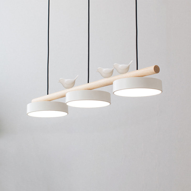 Nordic-Inspired Round Resin Bird LED Chandelier with Wooden Linear Design