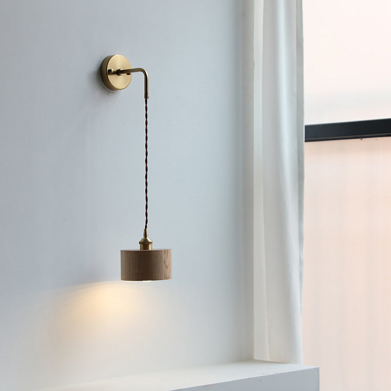 Modern Scandinavian Round Cone Dome Copper and Wood 1-Light Wall Sconce for Bedroom