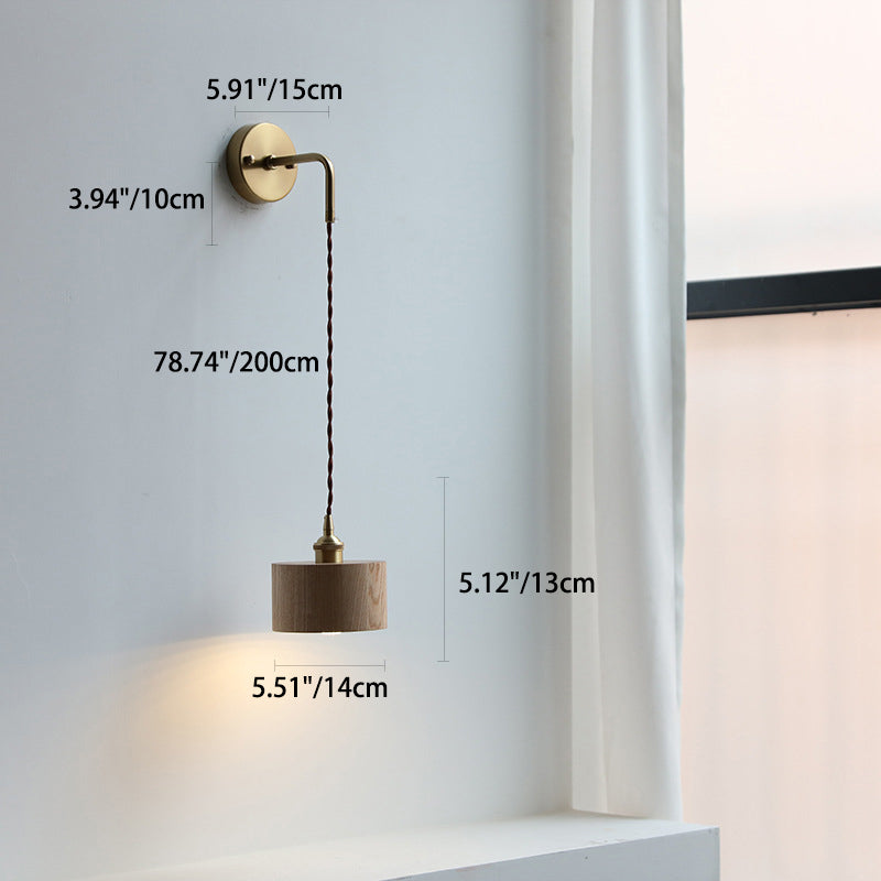 Modern Scandinavian Round Cone Dome Copper and Wood 1-Light Wall Sconce for Bedroom