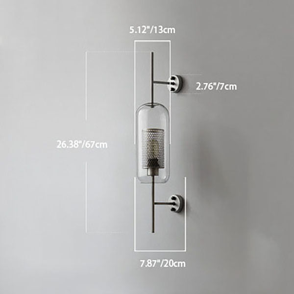 Modern Industrial Cylinder Glass Shade Wall Sconce Lamp with Iron Finish Frame - 1-Light Design for Bedroom