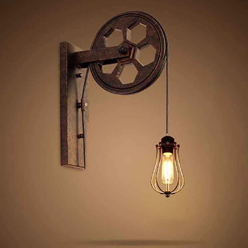 Retro Industrial Iron Wall Sconce Lamp with Single Pulley Light