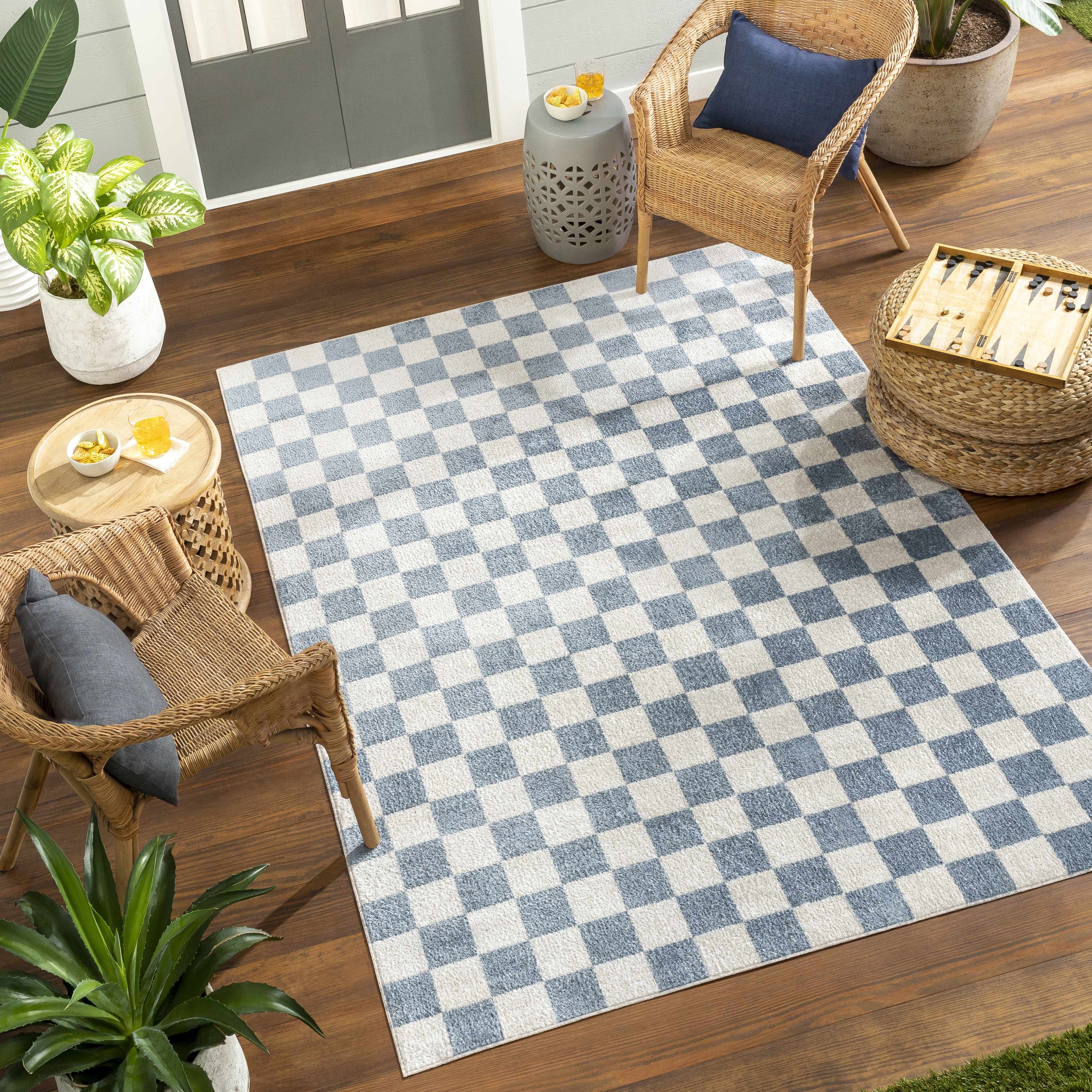 Bento Blue Checkered Rug  Washable Polyester, Medium Pile