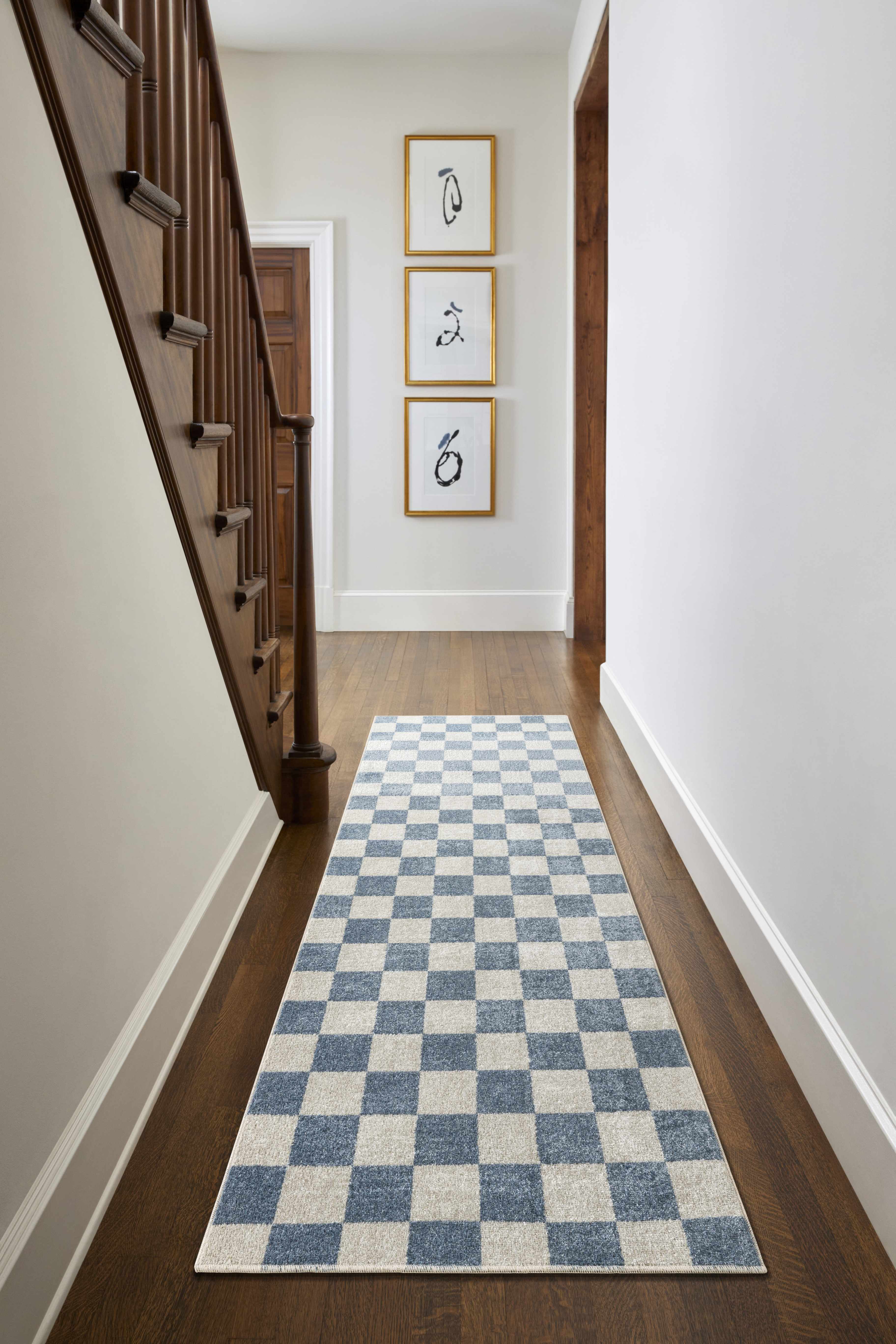 Bento Blue Checkered Rug  Washable Polyester, Medium Pile