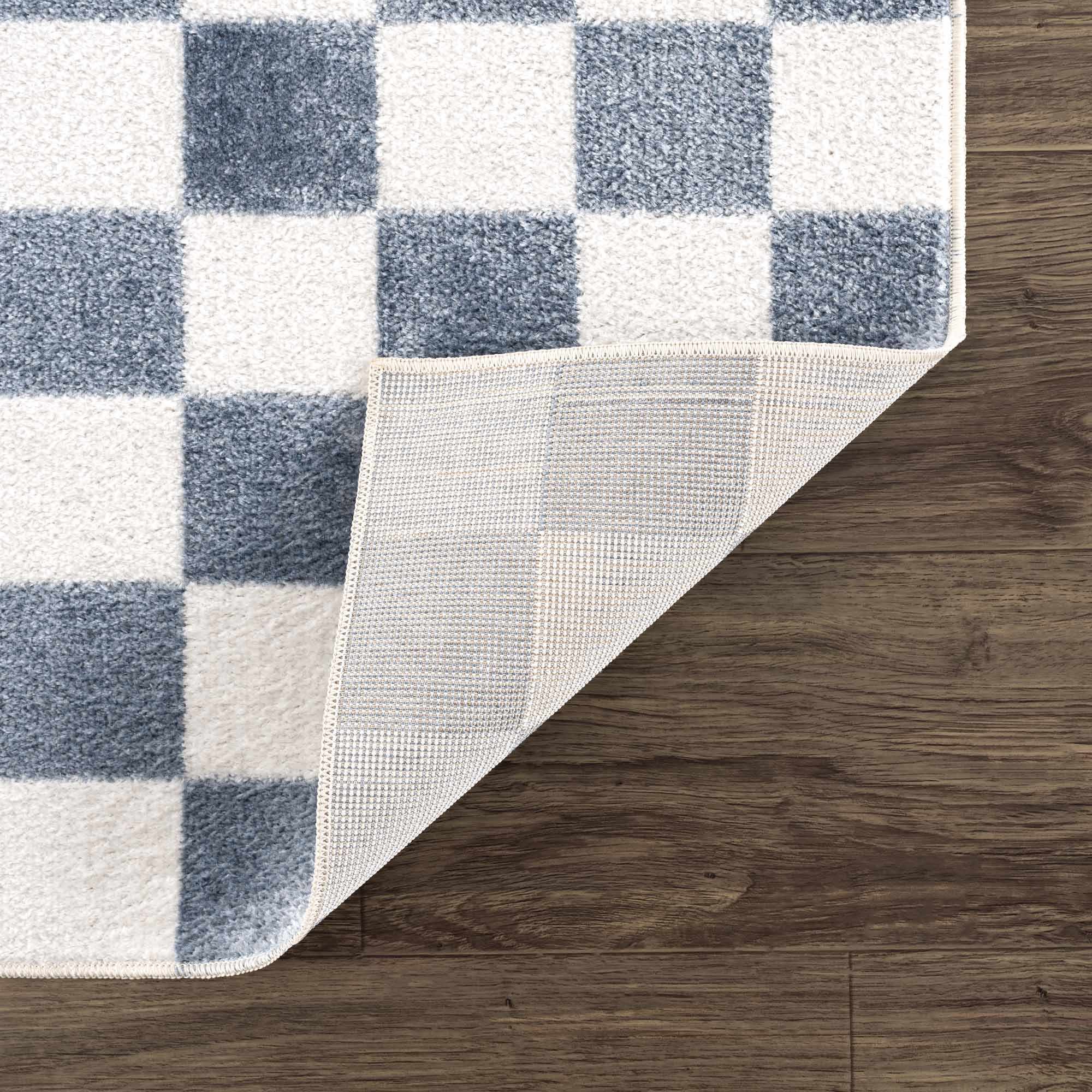 Bento Blue Checkered Rug  Washable Polyester, Medium Pile