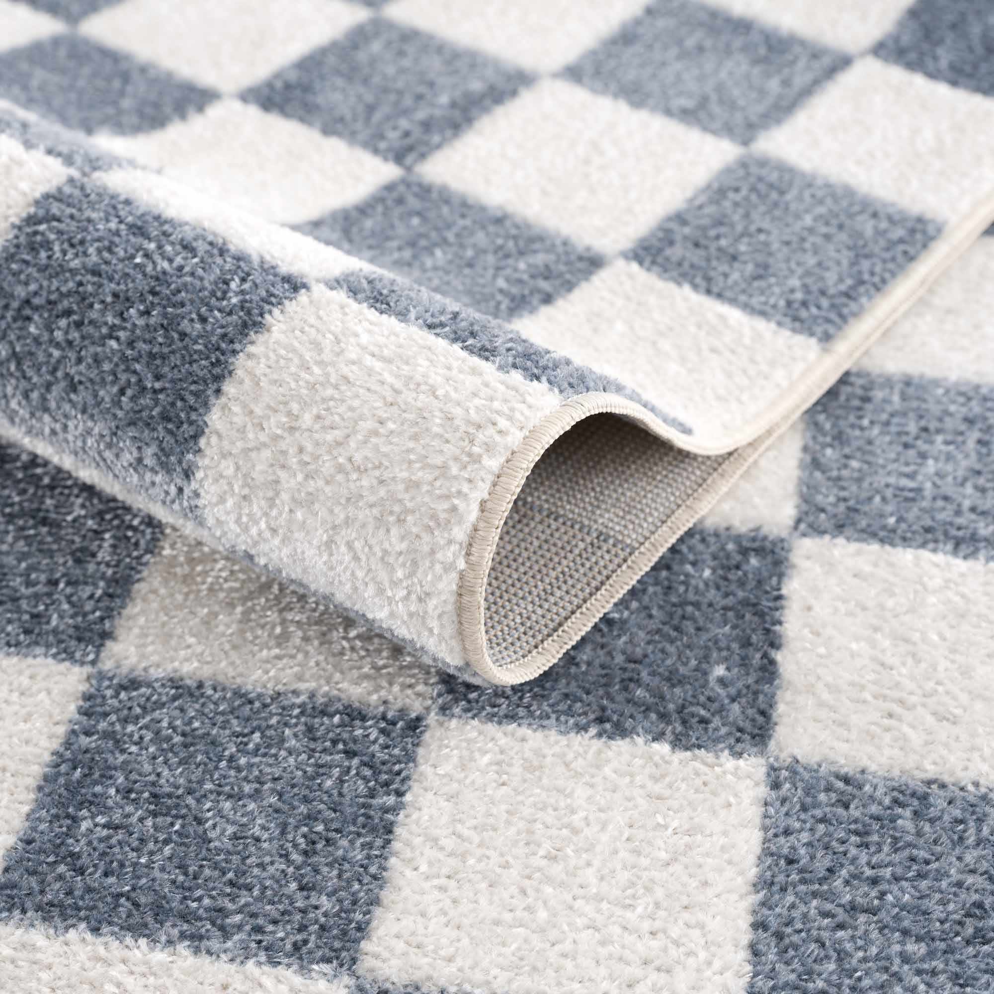 Bento Blue Checkered Rug  Washable Polyester, Medium Pile