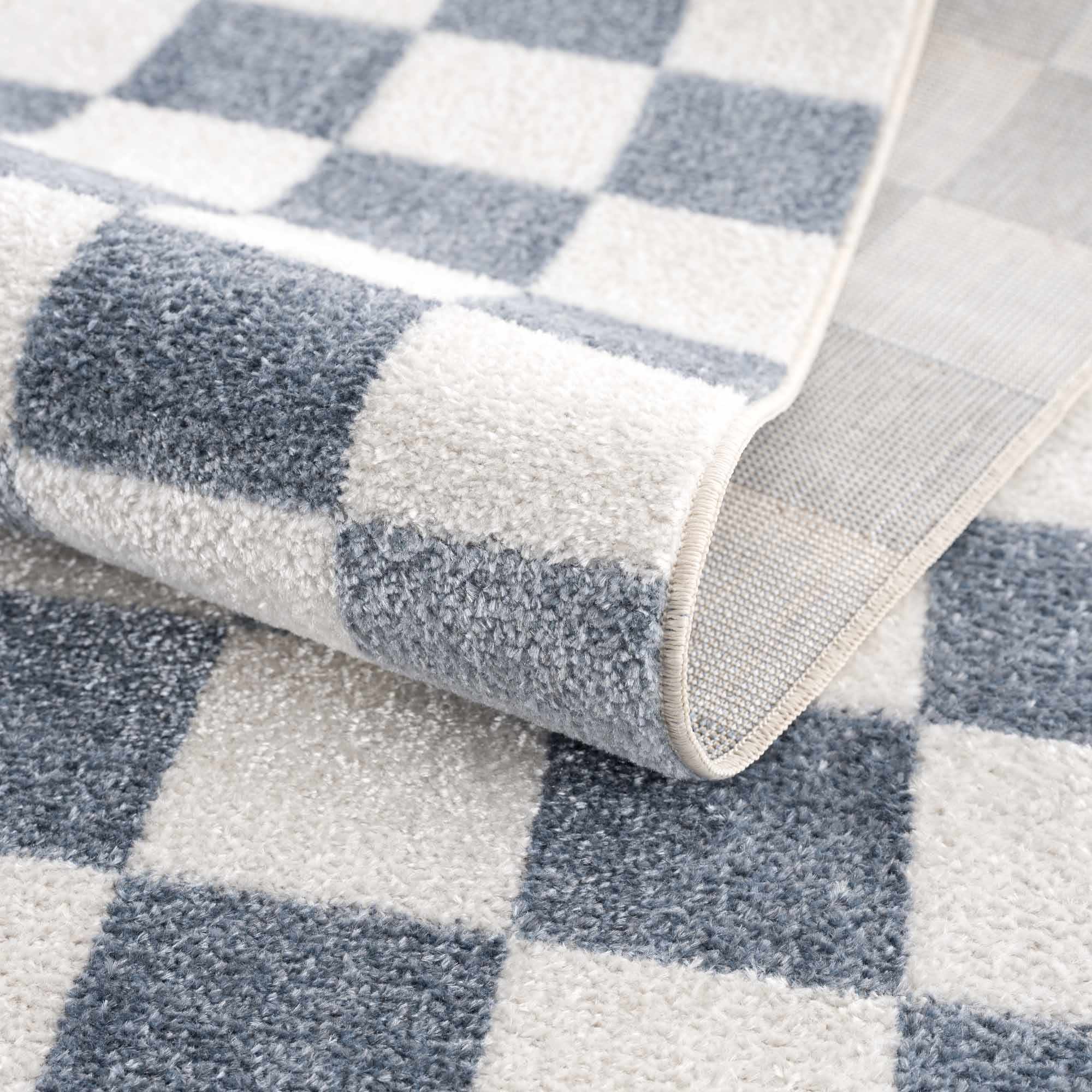 Bento Blue Checkered Rug  Washable Polyester, Medium Pile