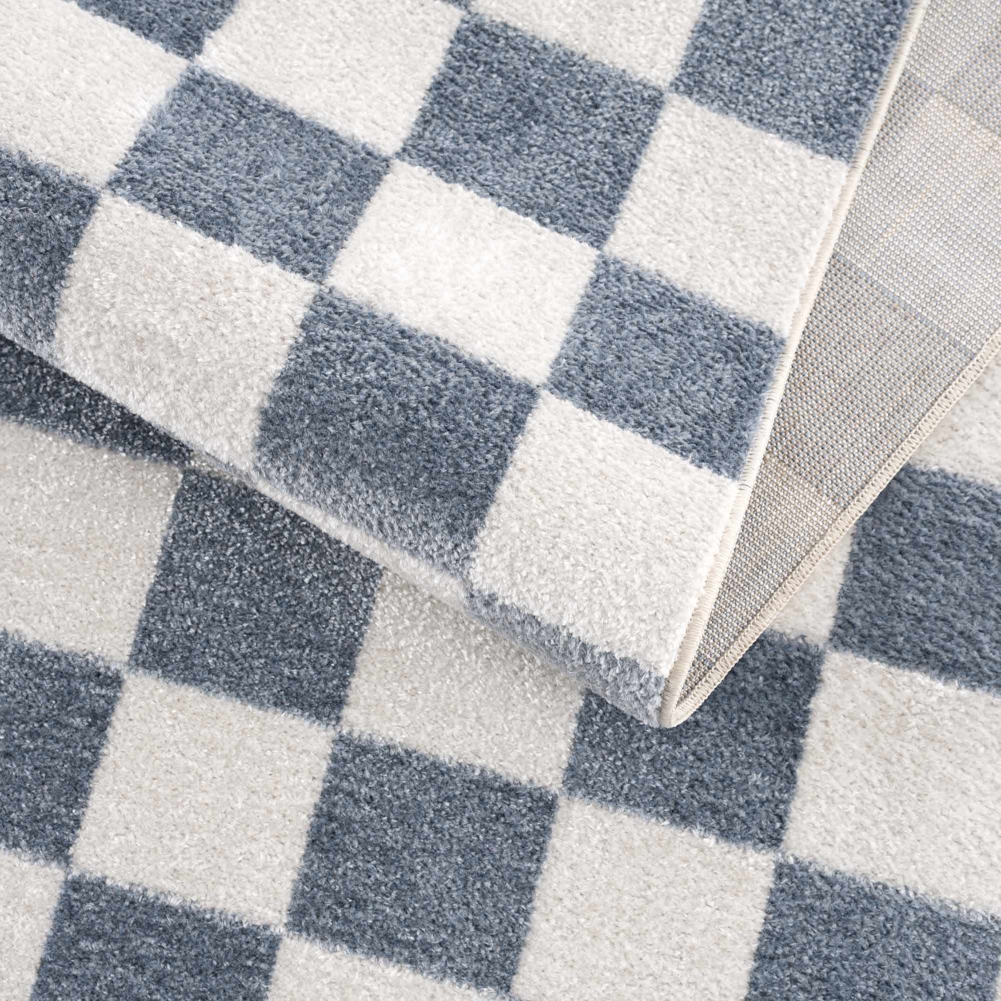 Bento Blue Checkered Rug  Washable Polyester, Medium Pile