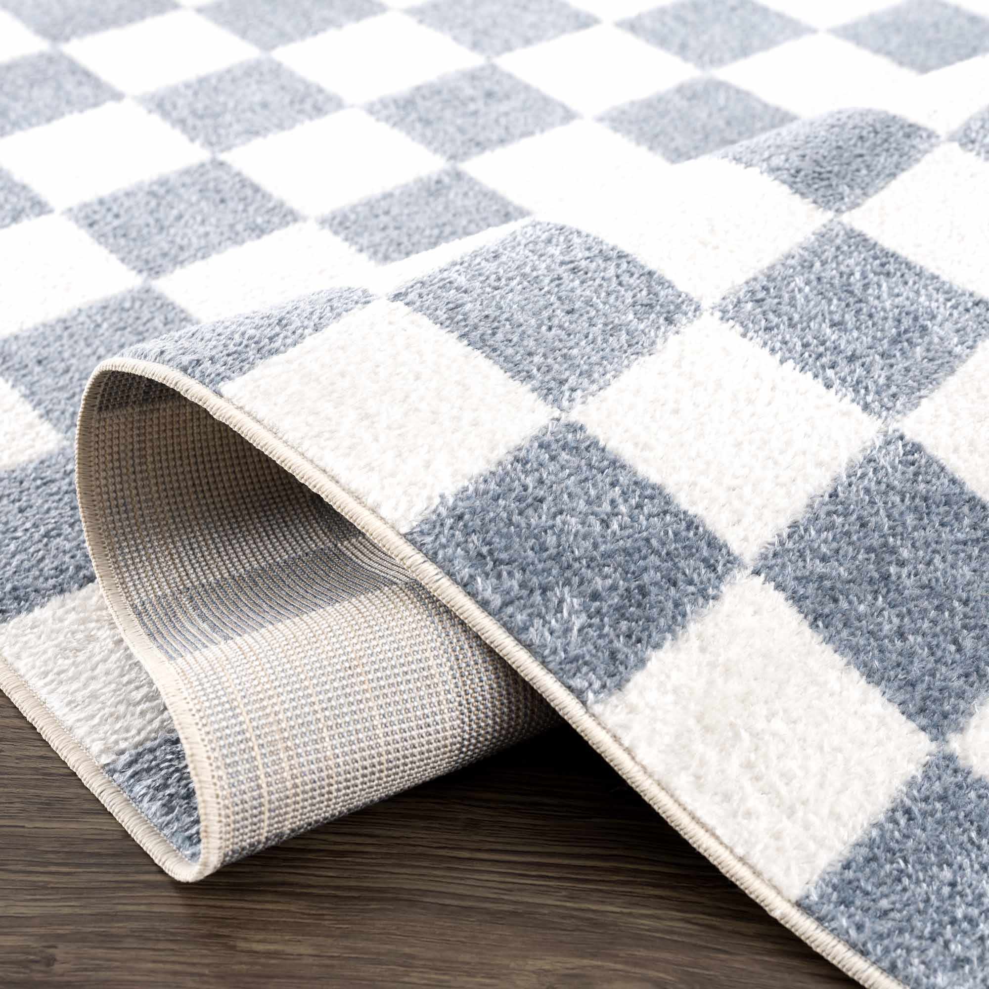 Bento Blue Checkered Rug  Washable Polyester, Medium Pile