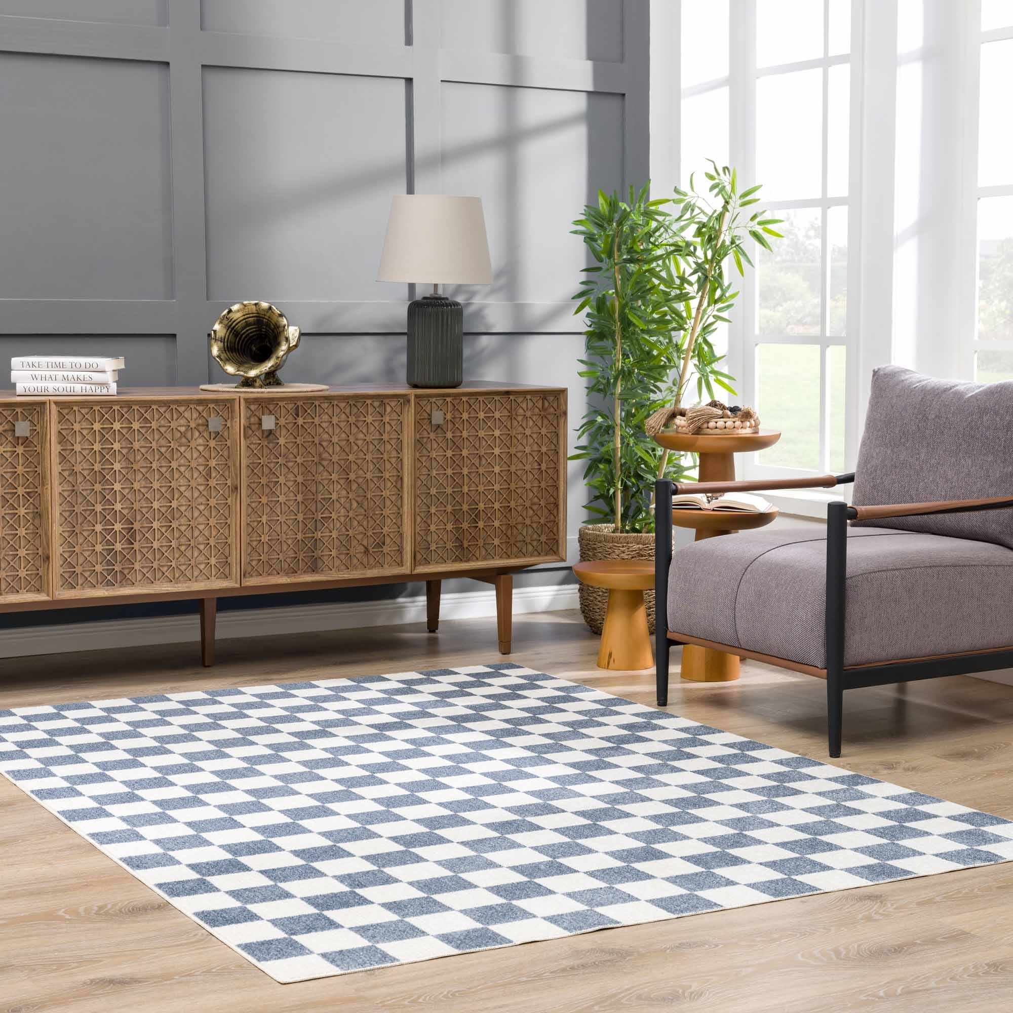 Bento Blue Checkered Rug  Washable Polyester, Medium Pile