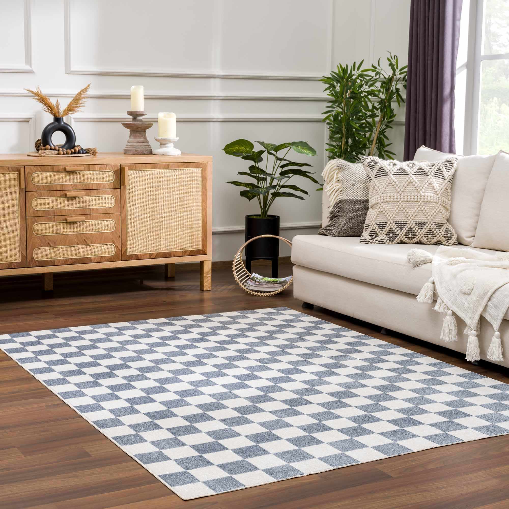 Bento Blue Checkered Rug  Washable Polyester, Medium Pile
