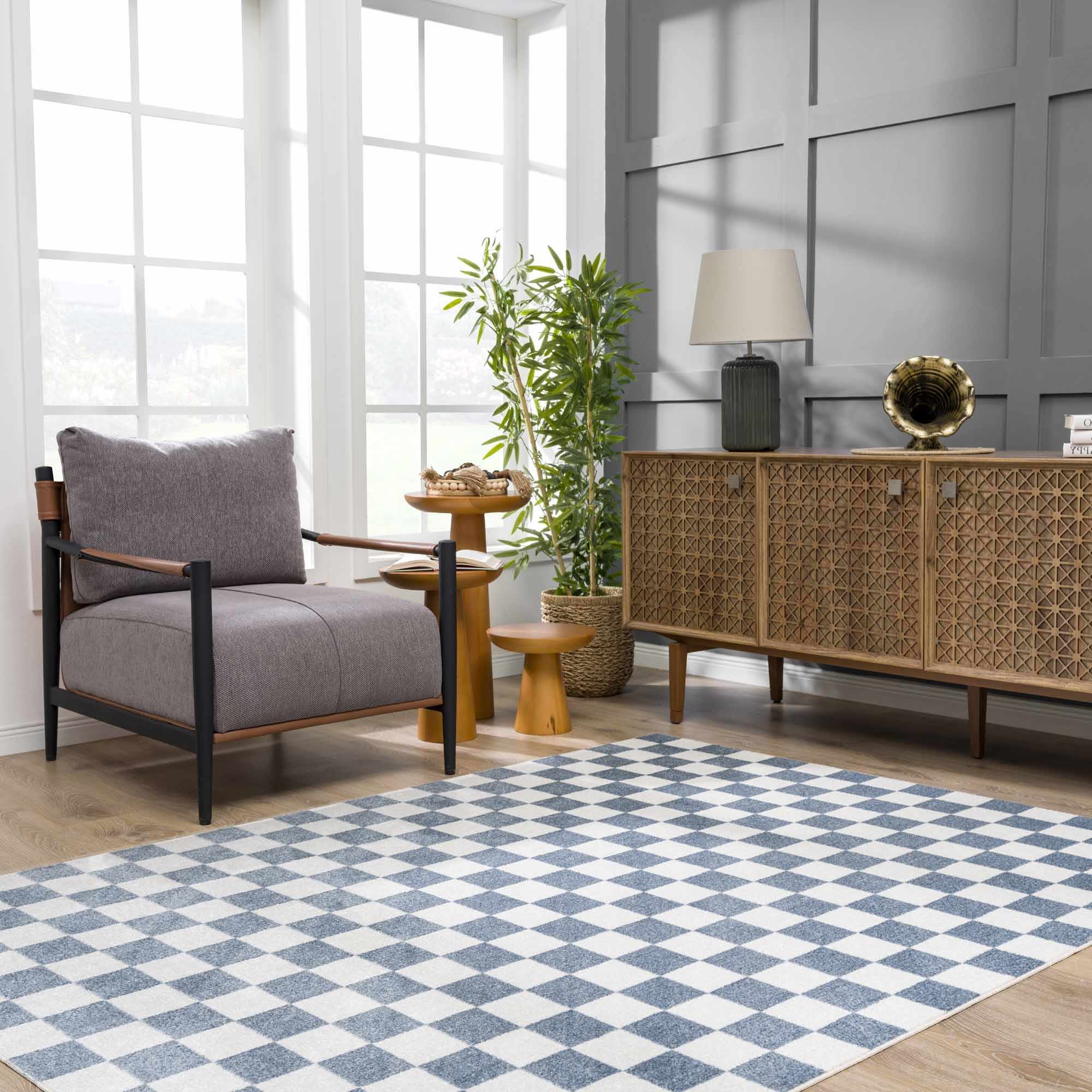 Bento Blue Checkered Rug  Washable Polyester, Medium Pile