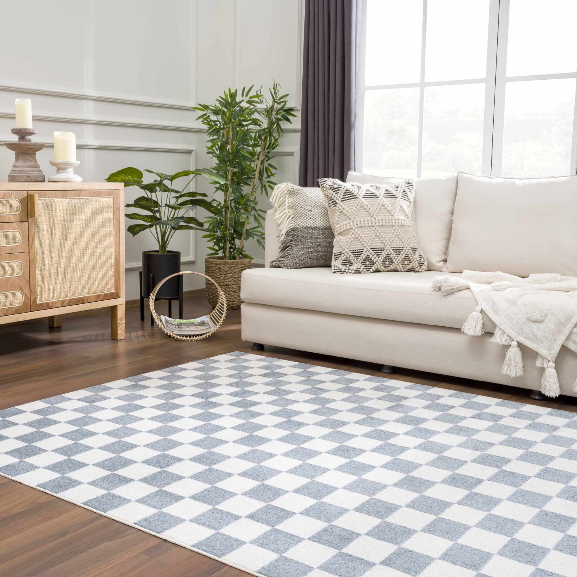 Bento Blue Checkered Rug  Washable Polyester, Medium Pile