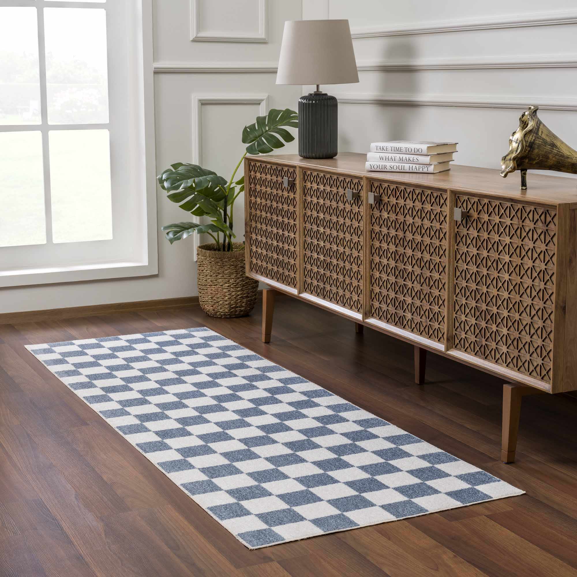 Bento Blue Checkered Rug  Washable Polyester, Medium Pile