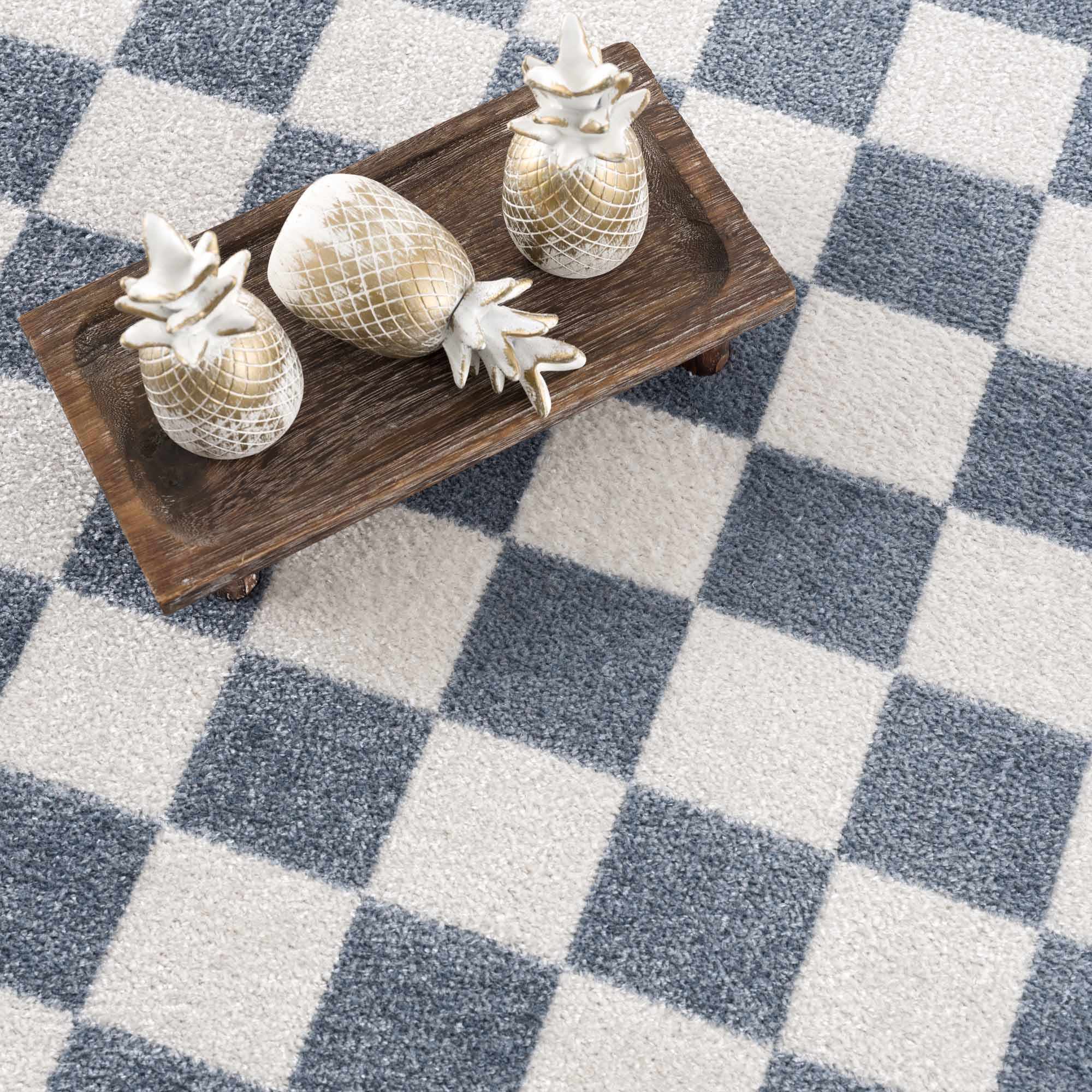 Bento Blue Checkered Rug  Washable Polyester, Medium Pile