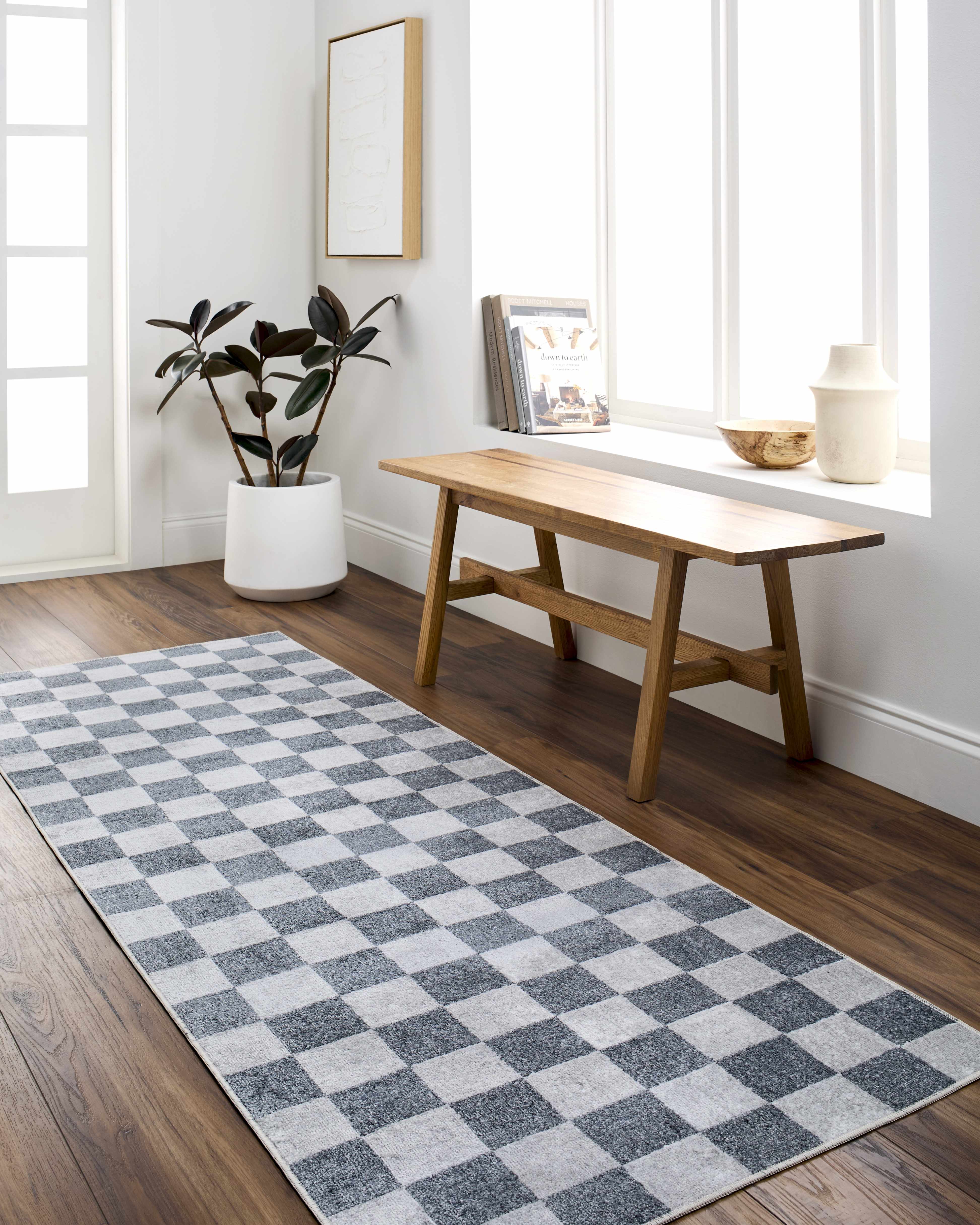 Bela Checkered Rug  Machine Washable  Blue Gray Ivory