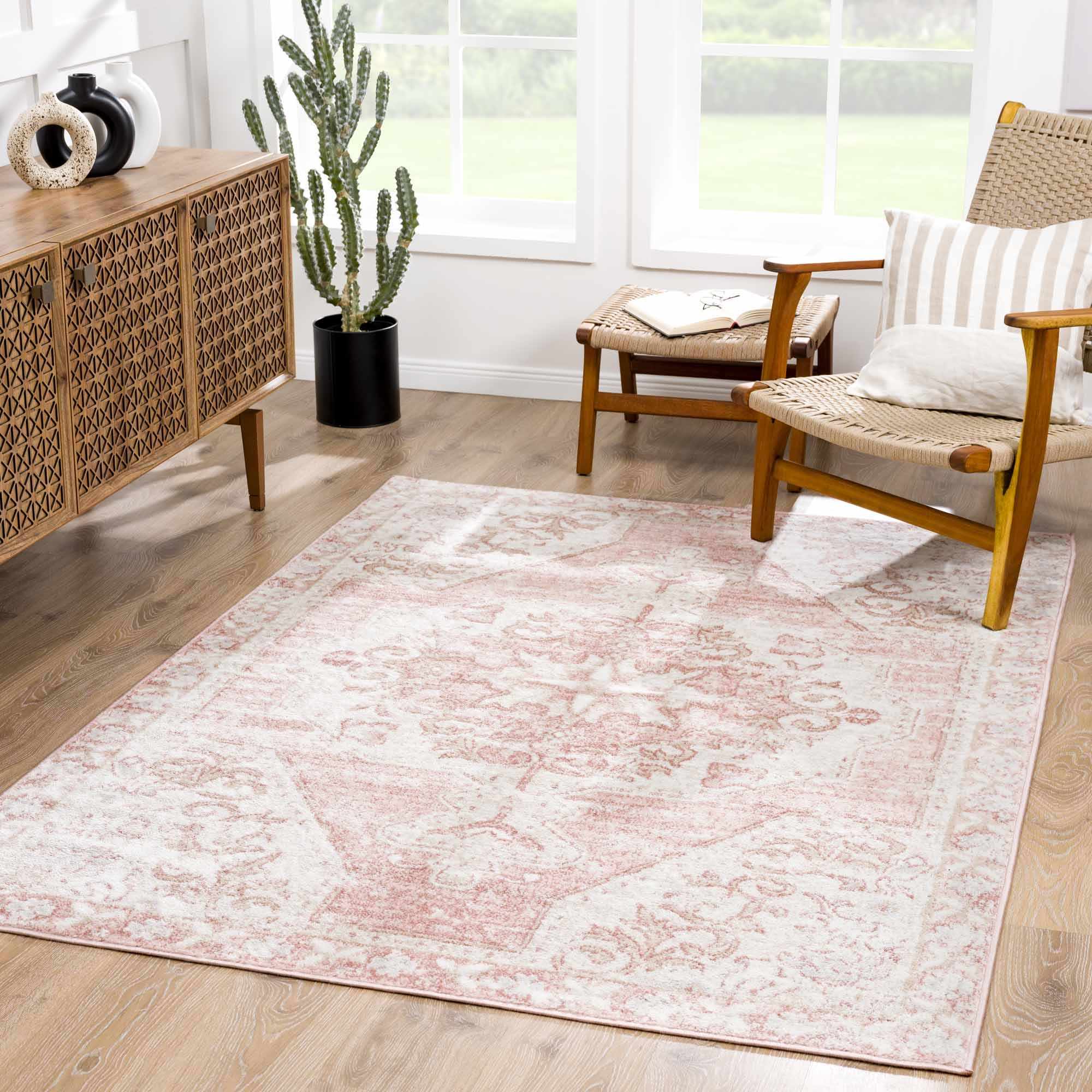 Sora Floral Rug  Machine Woven  Medium Pile  Pale Pink