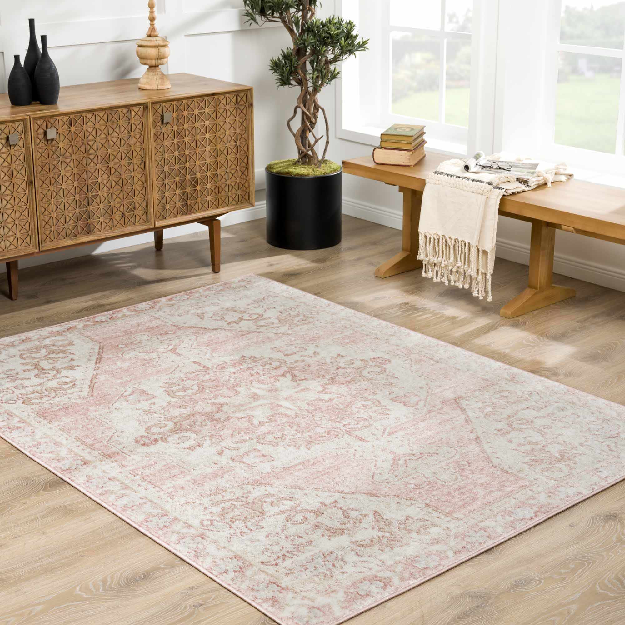 Sora Floral Rug  Machine Woven  Medium Pile  Pale Pink