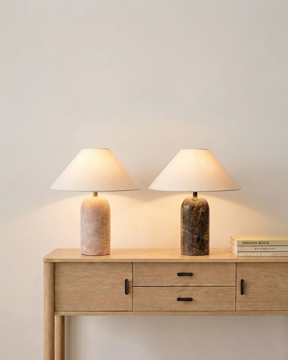 Sable Table Lamp | Brown Marble Base, A-Line Fabric Shade