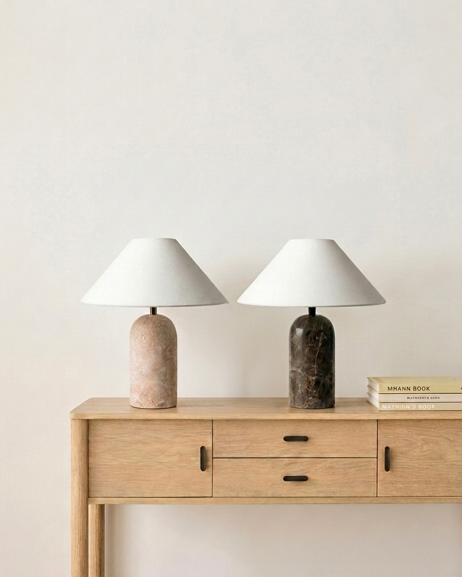 Sable Table Lamp | Brown Marble Base, A-Line Fabric Shade