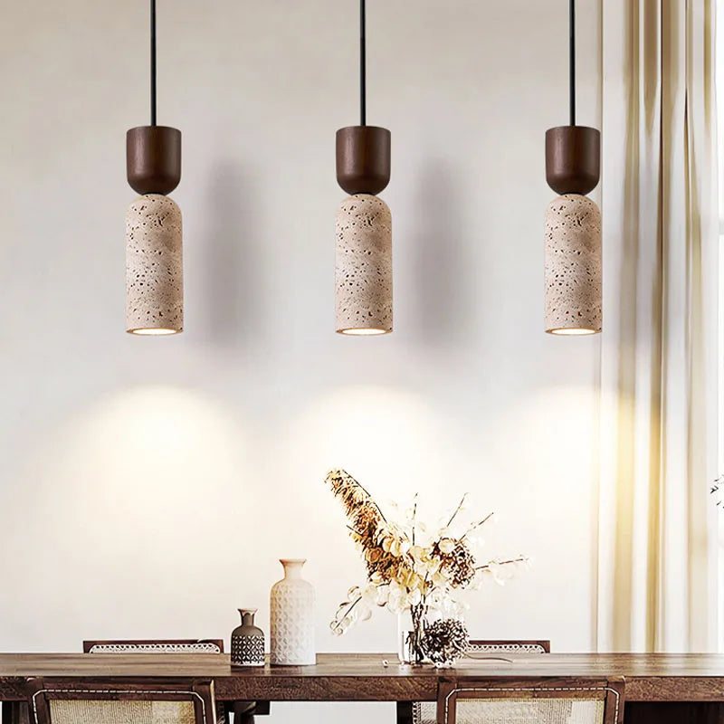 Bento Pendant Light | Natural Travertine & Walnut Wood, Adjustable Cord