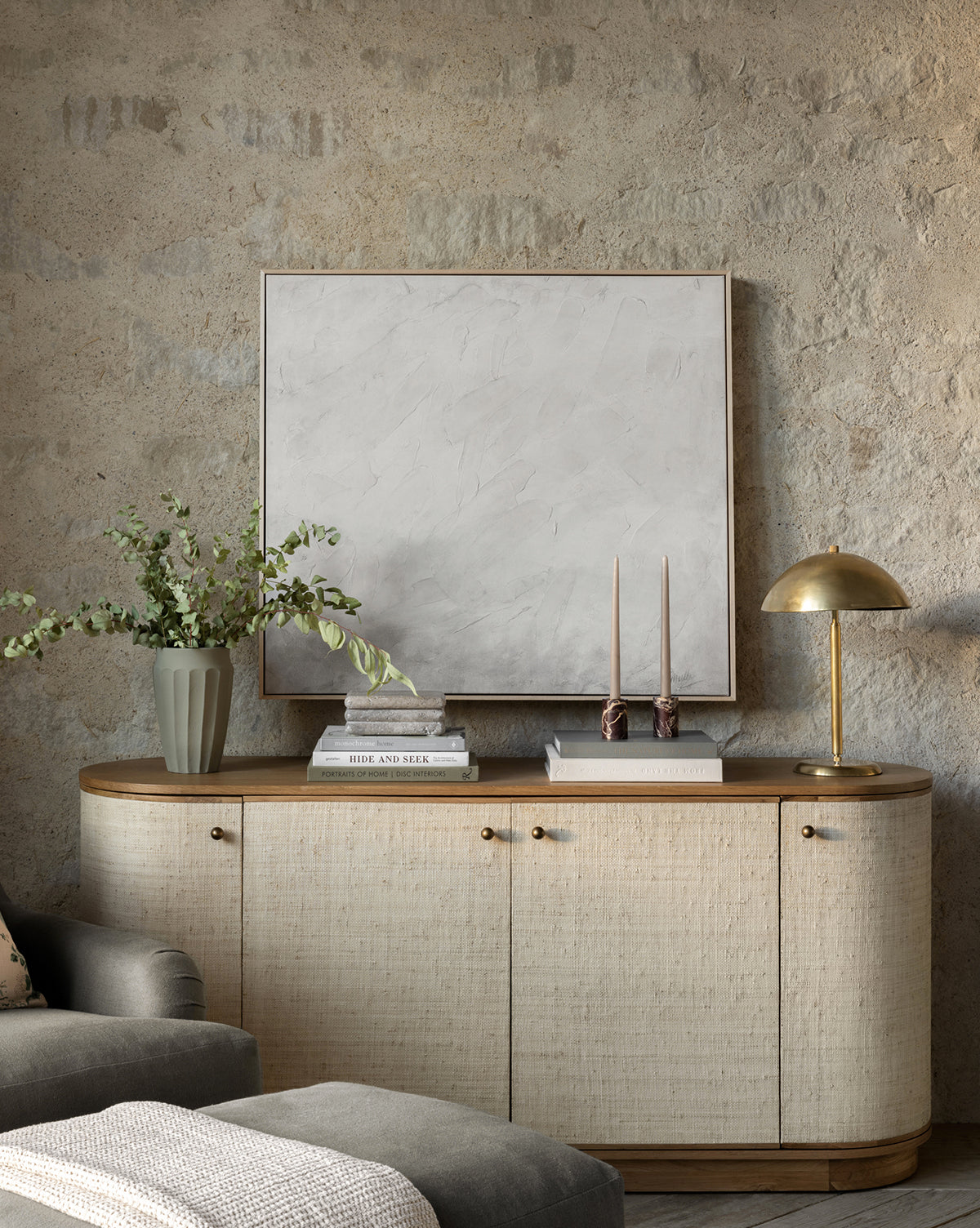 Luna Woven Sideboard  White Oak & Natural Grasscloth  Rounded Design