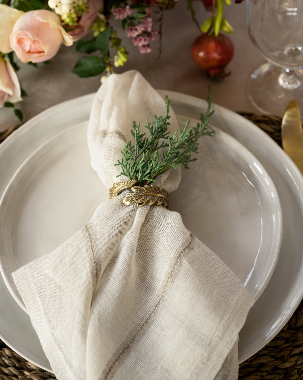 Bela Napkin Ring Set of 4  Botanical Brass with Intricate Leaf Design