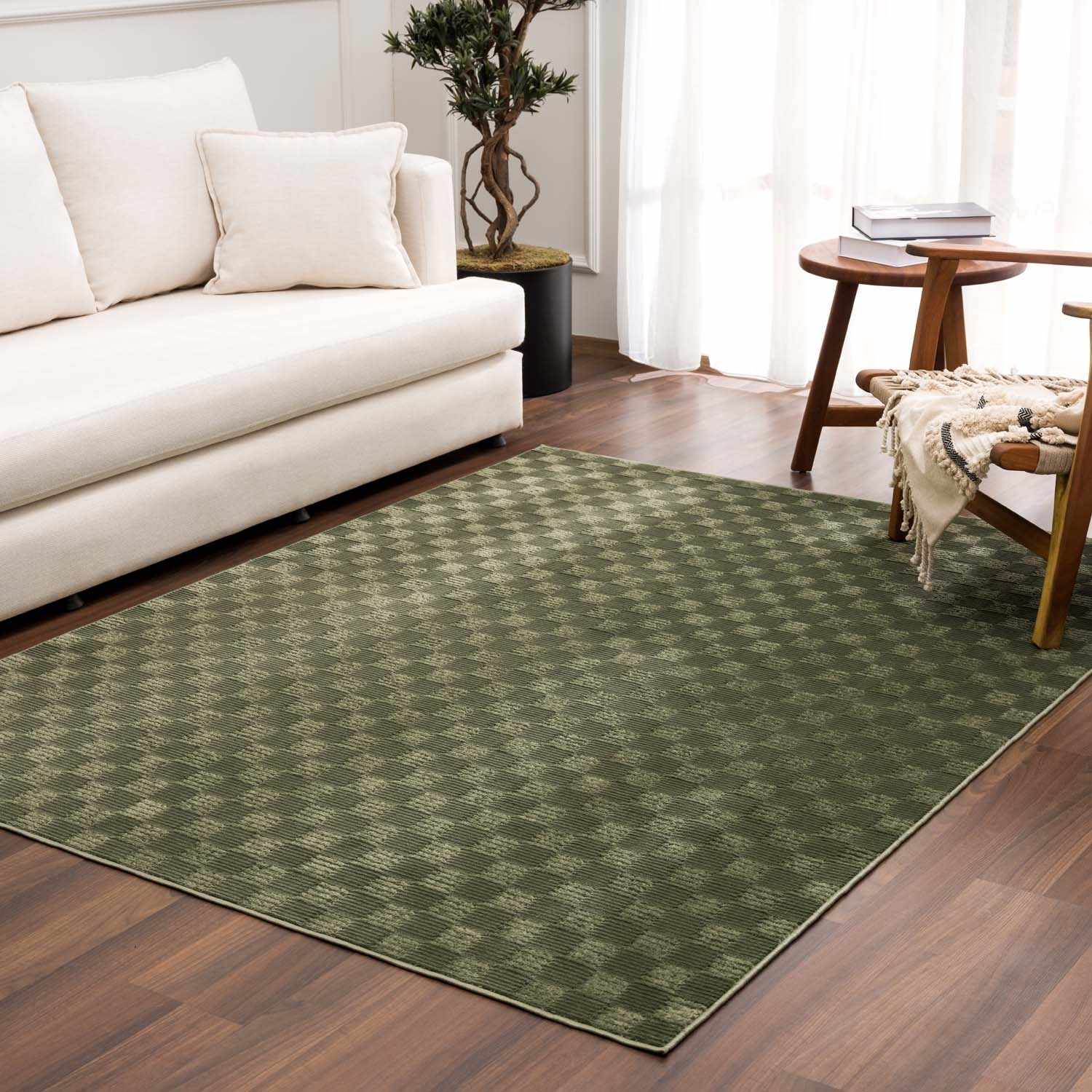 Trio Checkered Rug  Machine Washable  Green Polyester