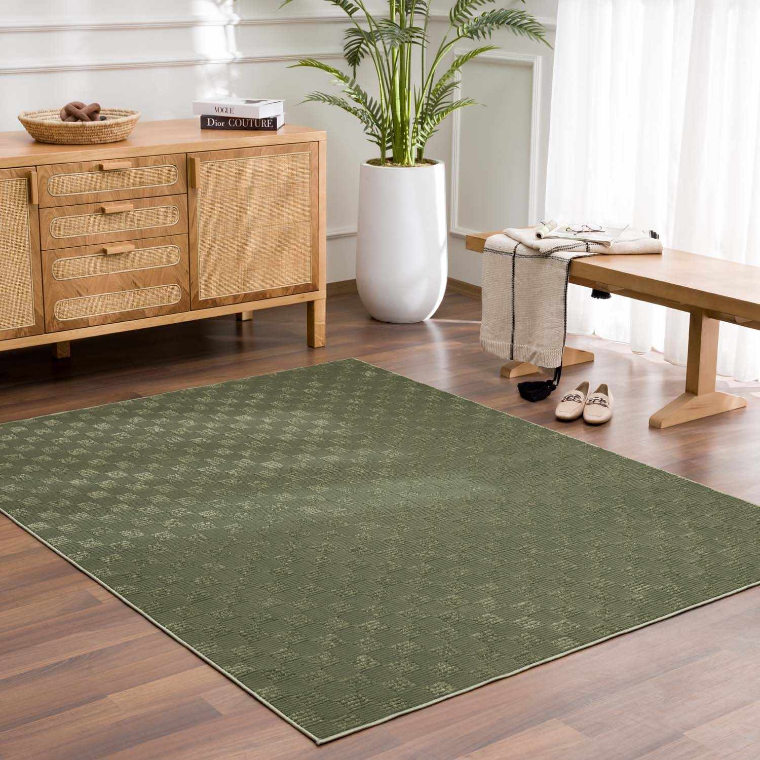 Trio Checkered Rug  Machine Washable  Green Polyester