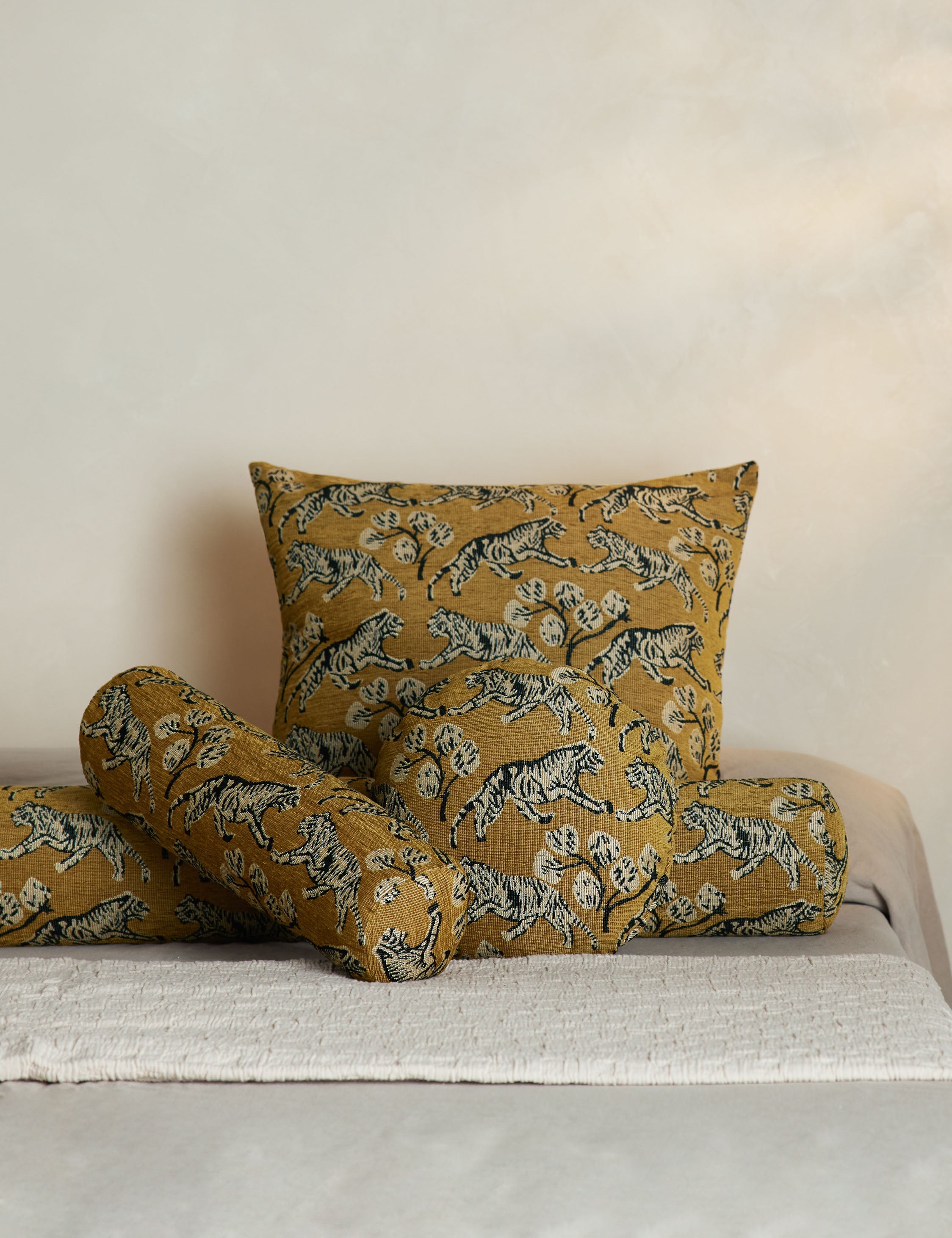 Bello Tiger Jacquard Bolster Pillow | Hand-Drawn Motif, Vintage Style