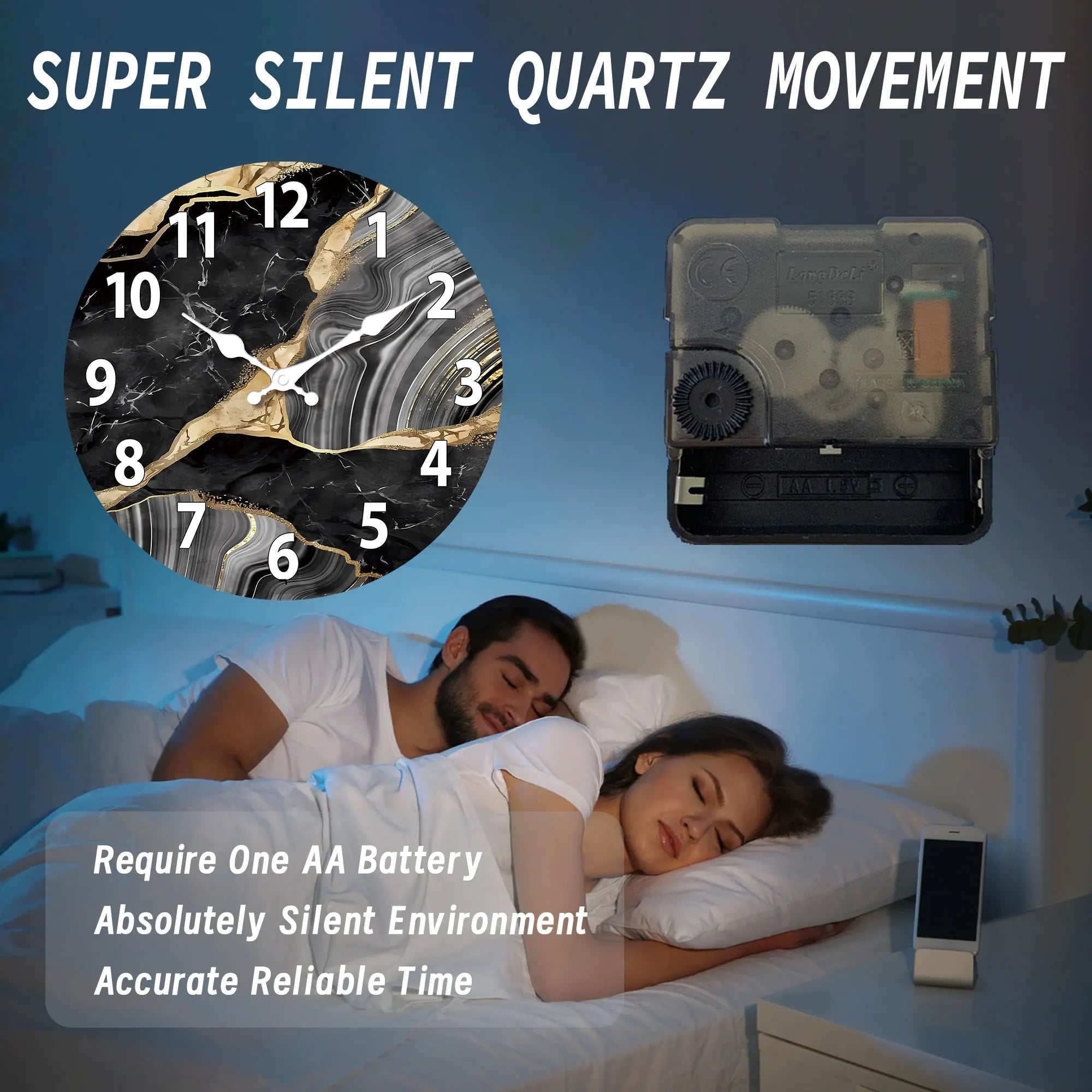 Bello Wall Clock | Modern Marble Design, Silent Quartz Mechanism