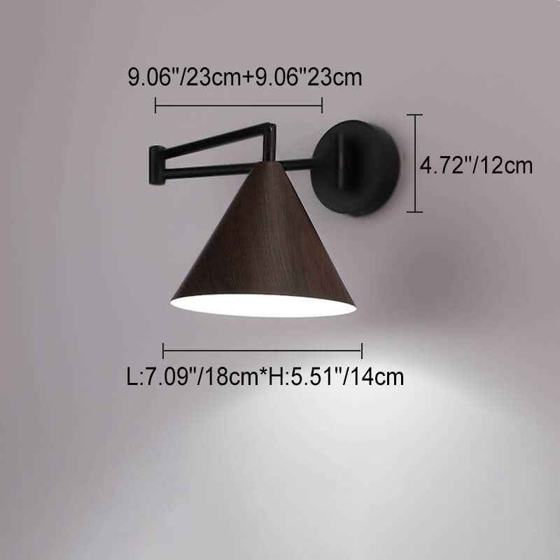 Nordic Minimalist Cone Swing Arm Wall Sconce - Wood Grain Iron, 1-Light