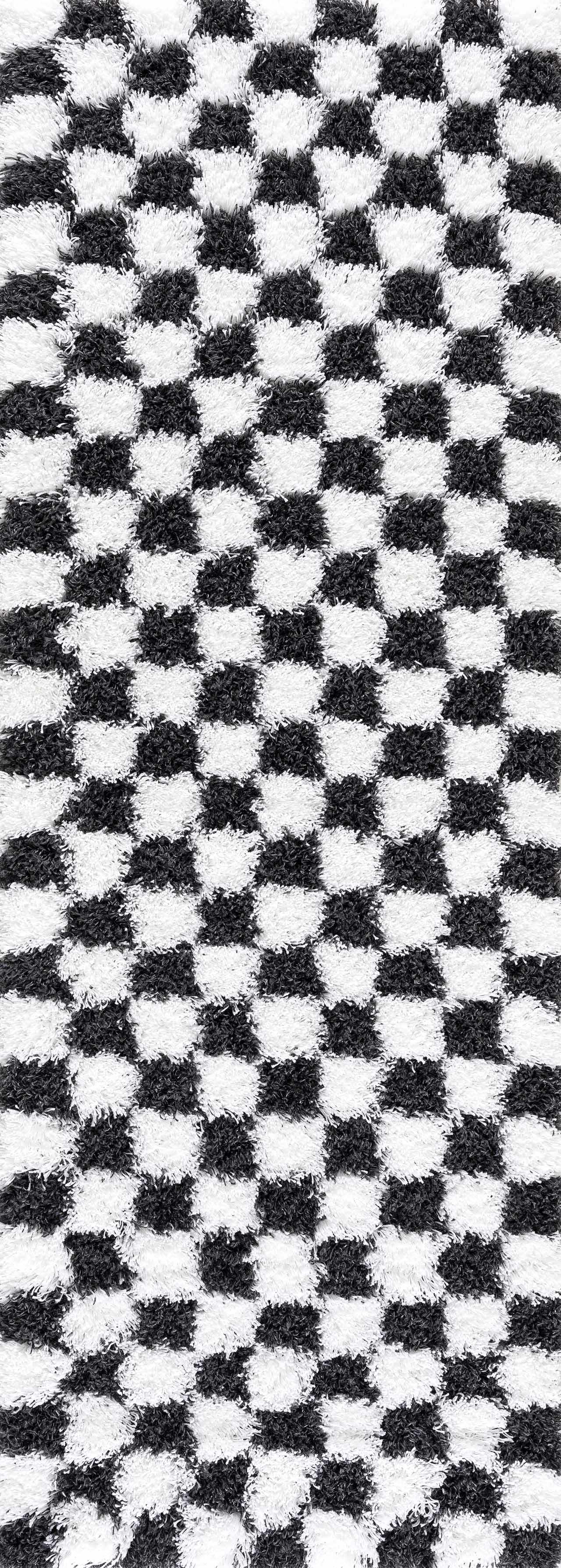 Bento Area Rug  Black & White Checkered  Plush Pile
