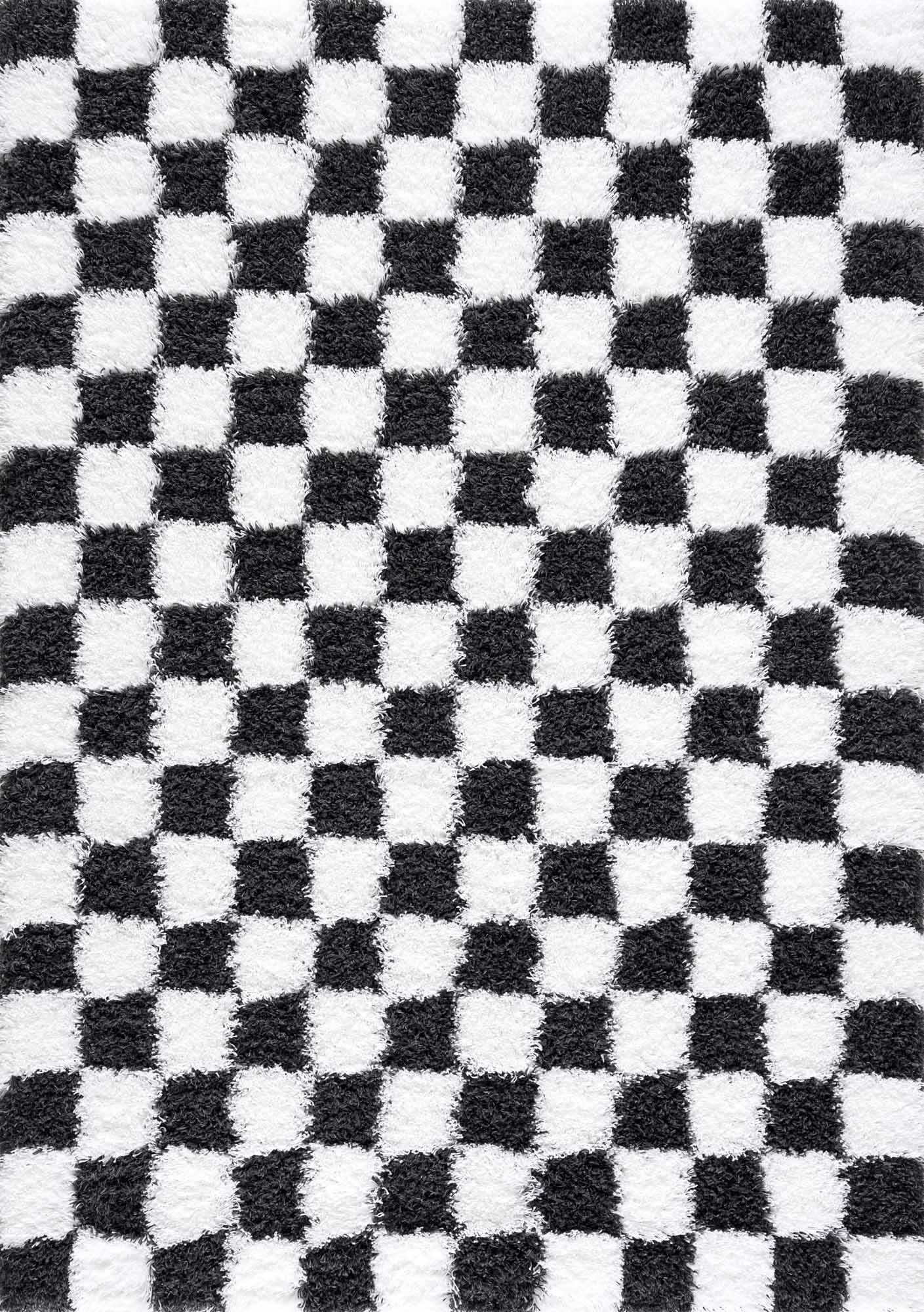 Bento Area Rug  Black & White Checkered  Plush Pile