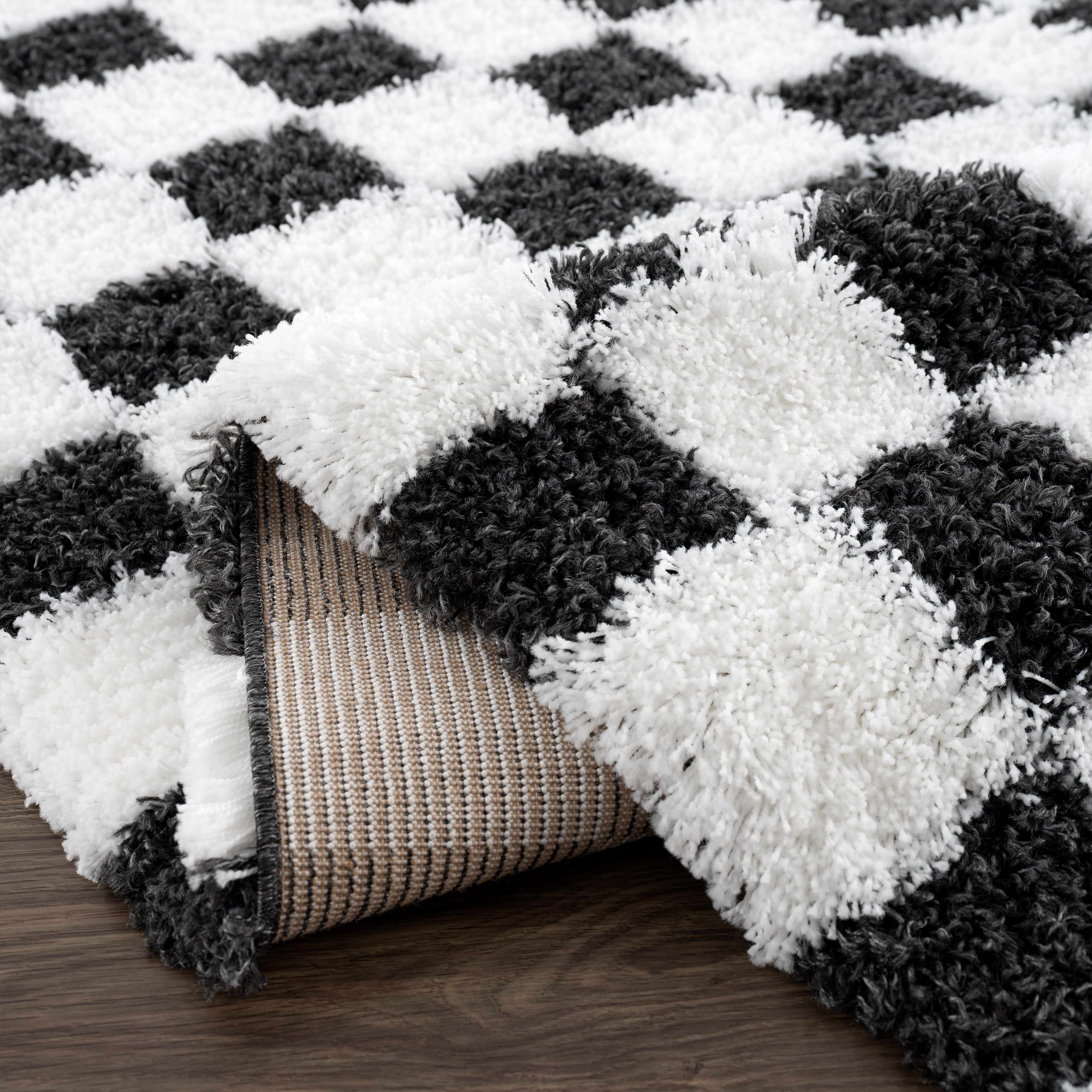 Bento Area Rug  Black & White Checkered  Plush Pile