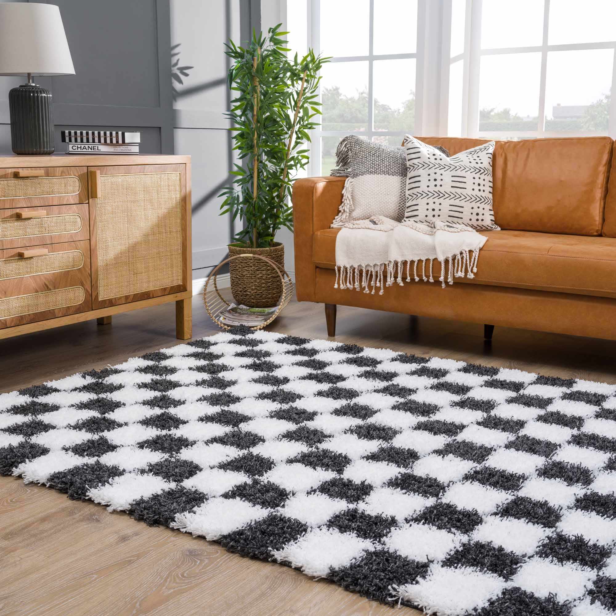 Bento Area Rug  Black & White Checkered  Plush Pile