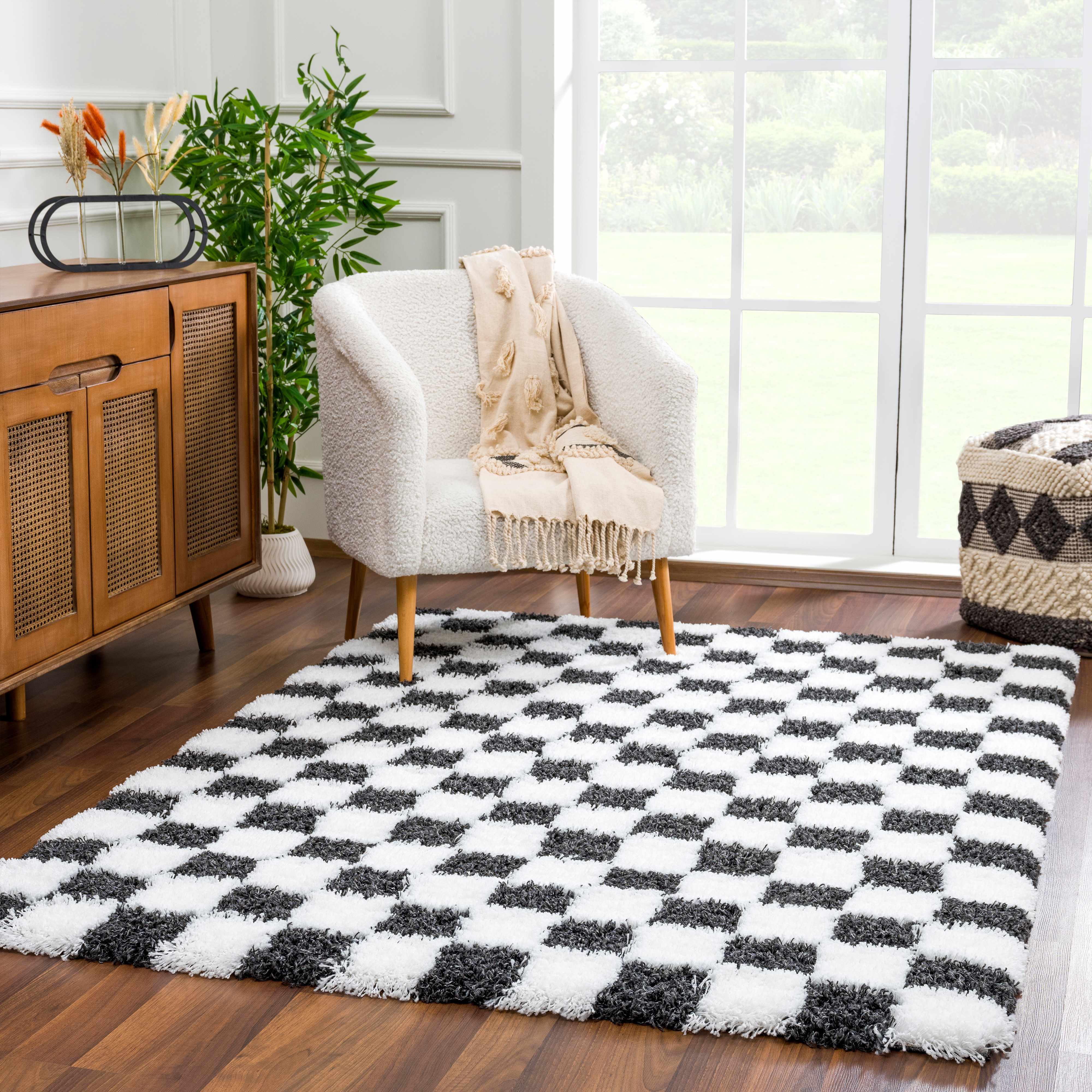 Bento Area Rug  Black & White Checkered  Plush Pile