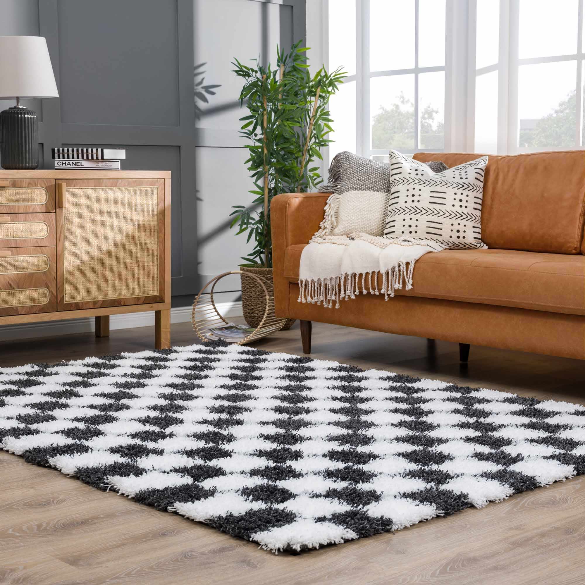 Bento Area Rug  Black & White Checkered  Plush Pile