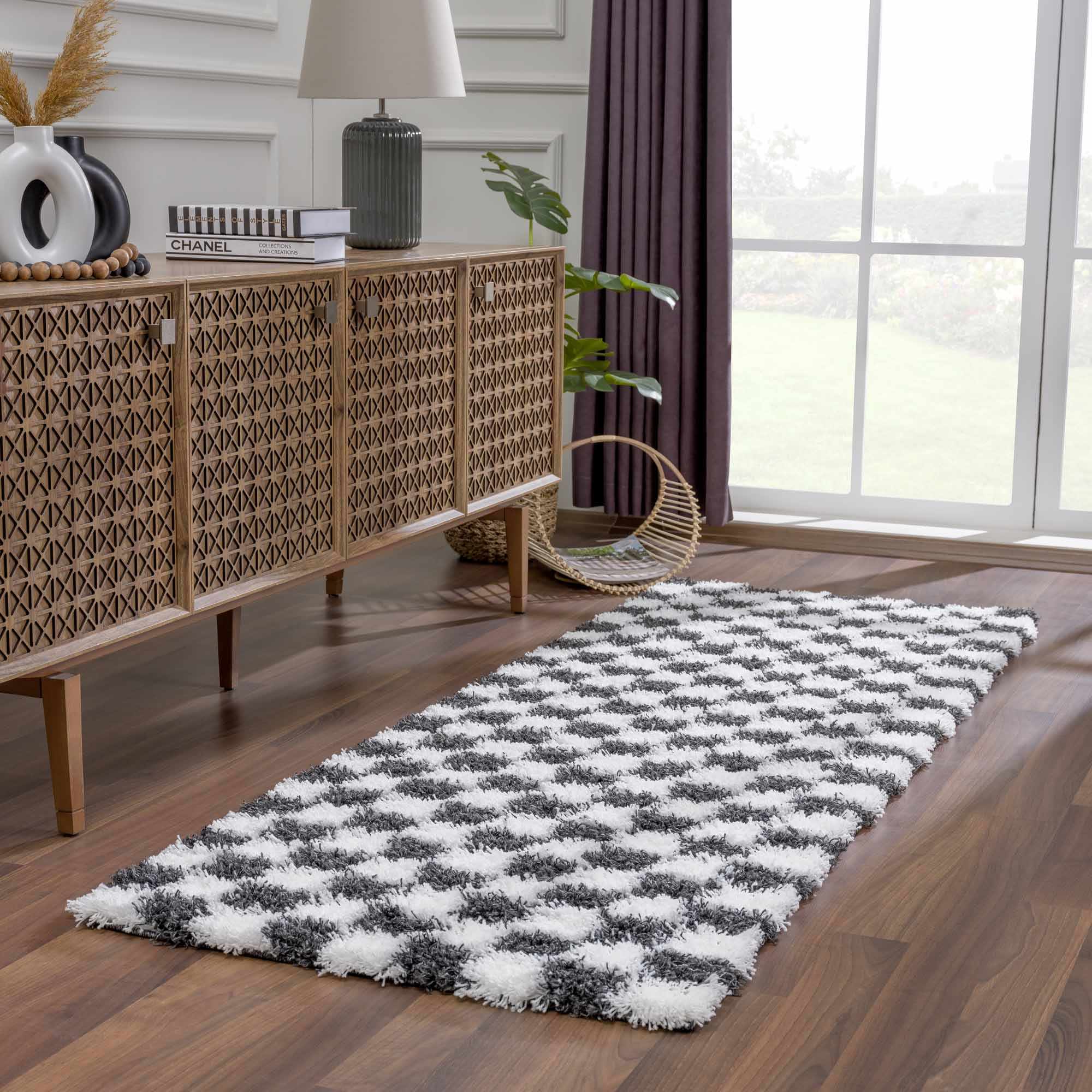 Bento Area Rug  Black & White Checkered  Plush Pile