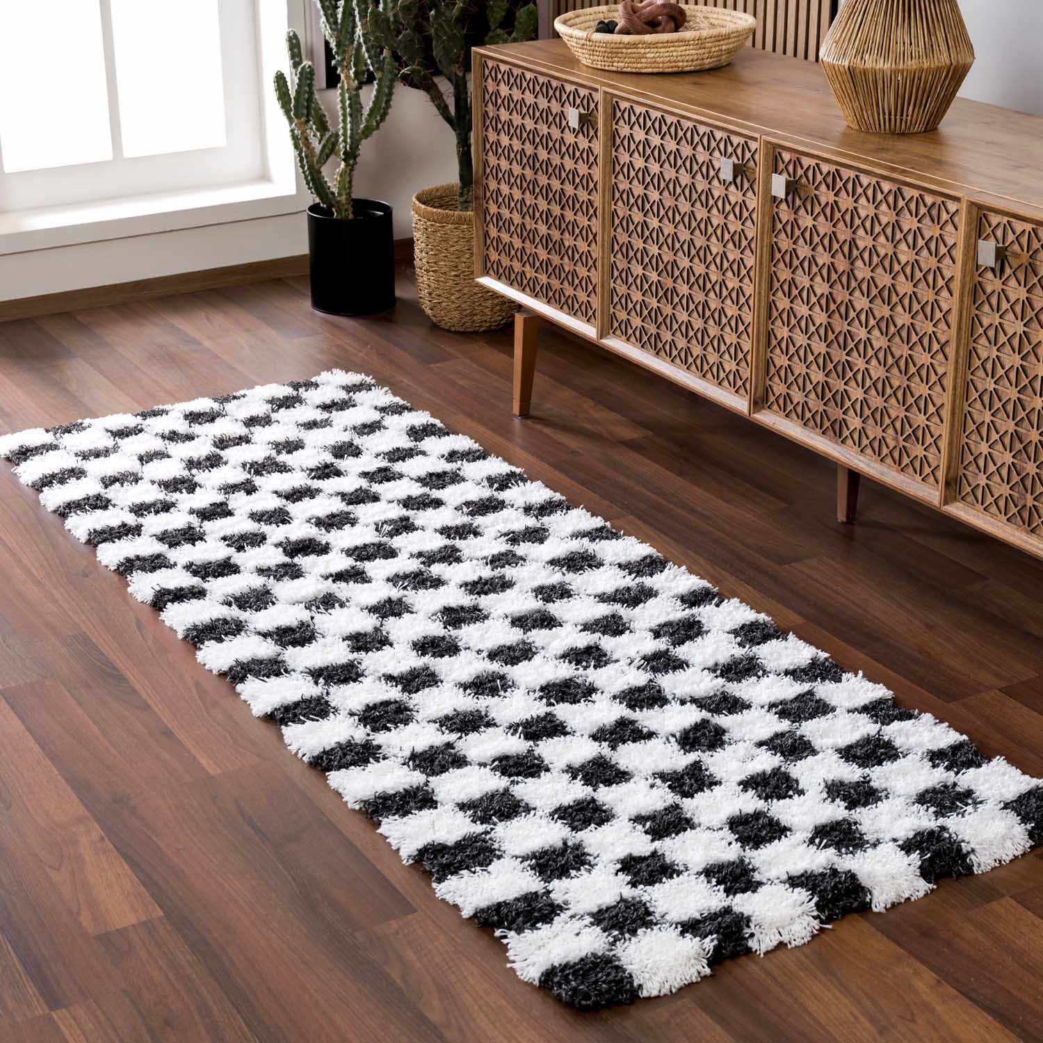 Bento Area Rug  Black & White Checkered  Plush Pile
