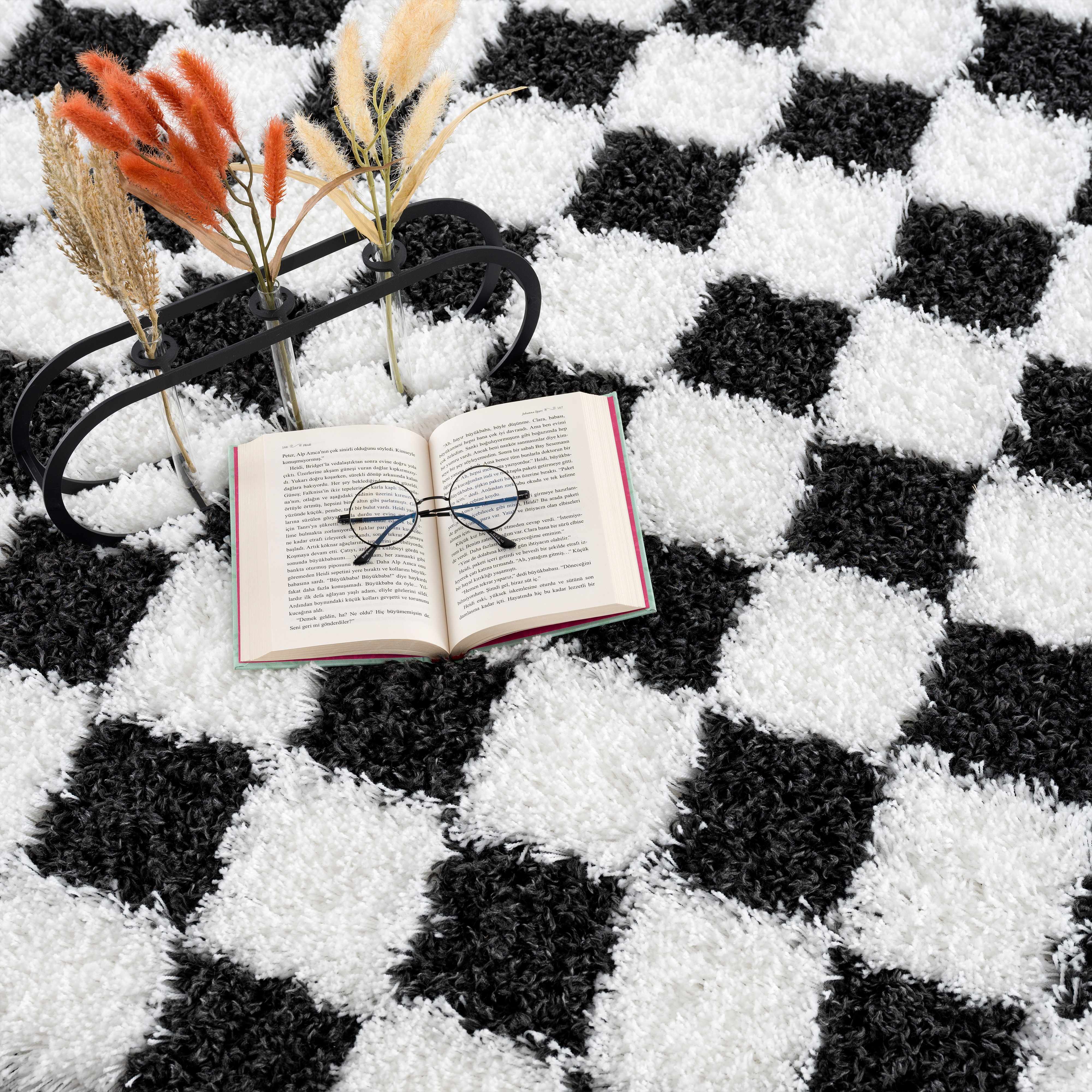 Bento Area Rug  Black & White Checkered  Plush Pile